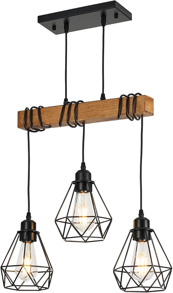 3-Lights Farmhouse Dining Room Pendant Light Fixtures Over Table, Rustic Solid Wood Kitchen Island Lighting Hanging with Metal Shades, Modern Black Ceiling Lamp for Living Room Hallway