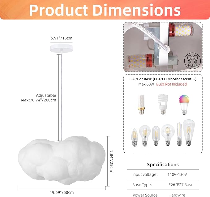 Arturesthome 2-Light White Cloud Pendant Light,Modern Fluffy Cotton Chandelier LED Ceiling Hanging Light Fixture for Bedroom Hotel Restaurant Cafe-19.65in