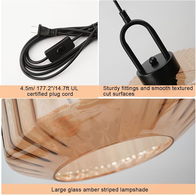 Amber Plug in Pendant Light, Hanging Lamps for Living Room Plug in Glass Globe Pendant Light, Modern Plug in Cord Pendant Hanging Light with 14.7 ft Cord On/Off Switch Striped Glass Shade