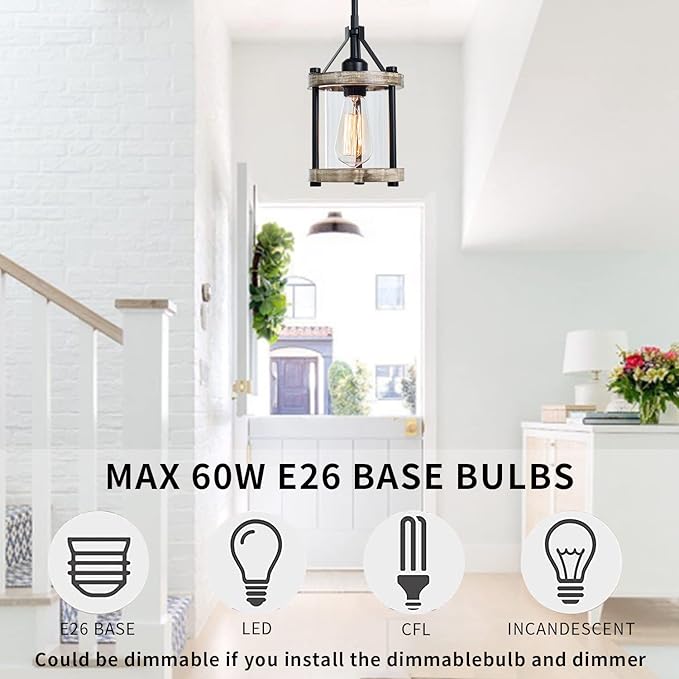 Farmhouse Pendant Light, Rustic White Wood and Metal Cage Hanging Light Fixtures with Glass, 43 Inch Adjustable for Flat and Slop Ceiling, Pendant Lighting for Kitchen Island Foyer Hallway