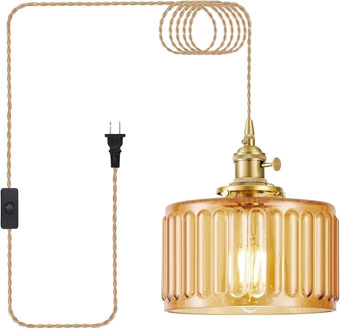 Plug in Pendant Light, Hanging Lights with Plug in Cord, Hanging Light Fixture with Clear Glass, E26 Pendant Lighting for Kitchen Island, Bedroom, Dining Room- Amber Color