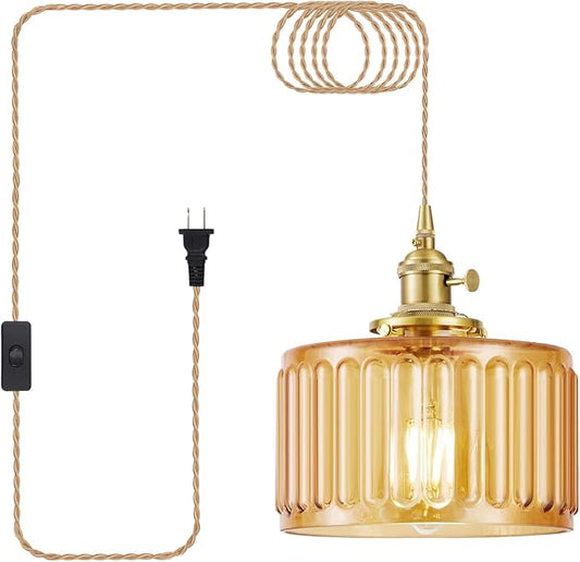 Plug in Pendant Light, Hanging Lights with Plug in Cord, Hanging Light Fixture with Clear Glass, E26 Pendant Lighting for Kitchen Island, Bedroom, Dining Room- Amber Color