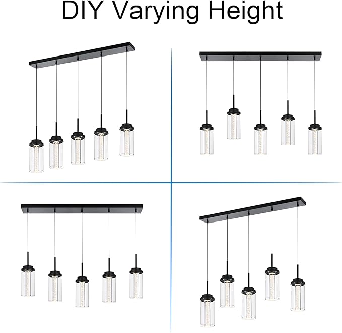 MELUCEE Modern Chandelier for Dining Room 5-Light Dimmable LED Pendant Light with Clear Glass Shade, 3000K-6000K Adjustable Color Temperature Linear Island Lights for Kitchen Dining Table, 25W, Black