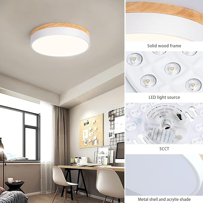 Modern Wood Flush Mount Ceiling Light, White LED 5CCT 2700K-6000K Dimmable Ceiling Light Fixtures, Round Close to Lighting Fixture for Kitchen Entryway Hallway Bedroom Laundry Room-11.8in
