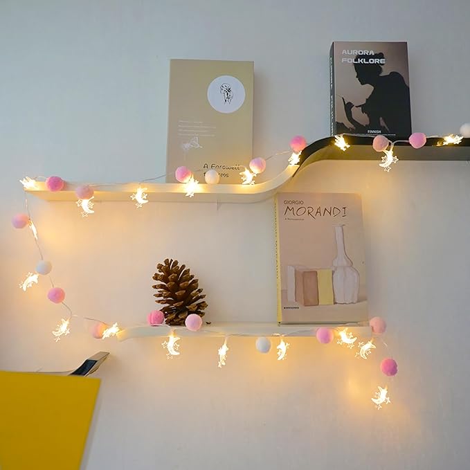 ChiRee Indoor String Lights 6.56 Feet Pom Poms Moon Lights 20 LED Battery Operated String Fairy Lights Warm White Globe Lights Colorful Decor Lights for Home Bedroom Kids Playhouse Holiday Christmas