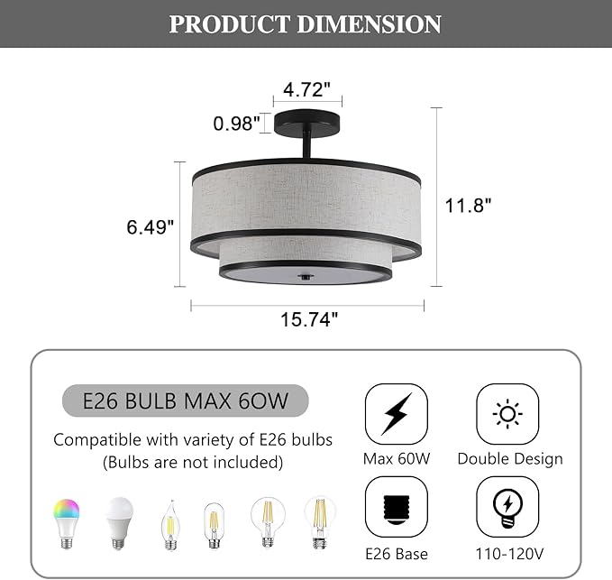 Farmhouse Close to Ceiling Light, 3-Light Flush Mount Ceiling Light Fixture with 2-Layer Fabric Shade, Modern Drum Ceiling Lamp for Hallway Bedroom Living Room (Black)