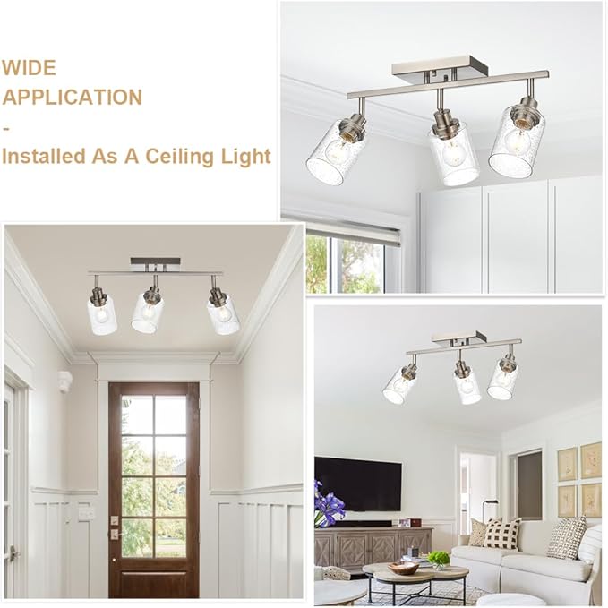 3-Light Rotatable Track Lighting Kit, Brushed Nickel Semi Flush Mount Ceiling Light Vanity Lighting Fixtures Spotlight, Seeded Glass Shades