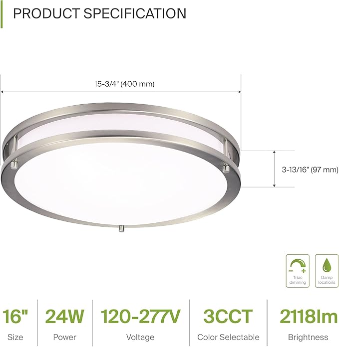 ASD LED 16" Round Flush Mount Lighting, Close to Ceiling Light Fixture | 3CCT, Dimmable, Energy Star, ETL Listed | 24W 2118LM 3000-5000K 100-277V | Low Profile Double Ring Lamp | Nickel, 2 Pack