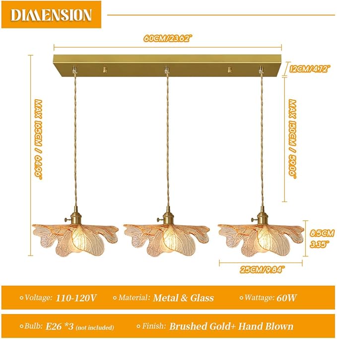 Chandelier 3-Light Vintage Glass Ceiling Pendant Light Gold Linear Design Amber Glass Dining Room Light Fixtures Modern Chandelier for Kitchen Island Over Table