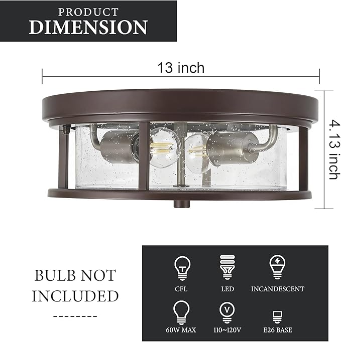 Ceiling Light Fixtures Flush Mount Light, 2 Bulb with Glass Flush Mount Ceiling Lights Fixture Bedroom, Indoor Outdoor Ceiling Lights for Porch Hallway Kitchen