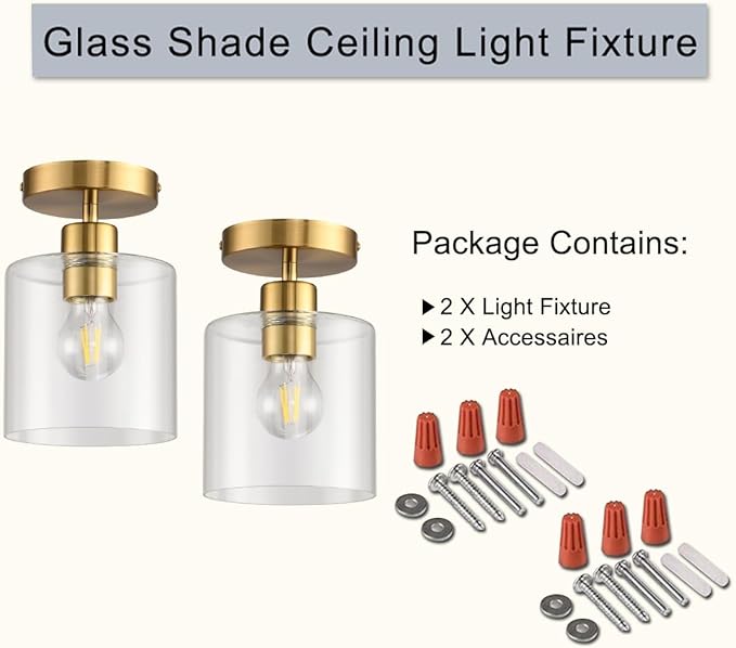 Brass Semi Flush Mount Ceiling Light,Gold Modern Fixture for Closet Hallway Entryway Light Fixture Ceiling Brass Finish 2 Pack