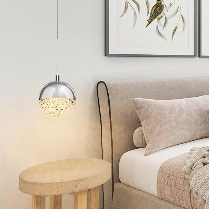 Pendant Lights Kitchen Island Chrome, Height Adjustable Modern LED Pendant Lighting, Crystal Globe Chandelier for Dining Room, 8W, 3000K/4000K/5000K Selectable, Dimmable, ETL 3-Pack