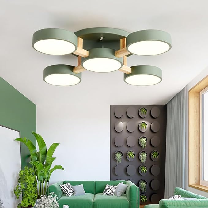 LED Ceiling Light Fixture,32 Inch 5-Lights Modern Ceiling Lights Flush Mount Wooden 55W Chandelier for Living Room Bedroom Kitchen,Dimmable 3000K/4000K/6000K Temperatures Selectable, Green