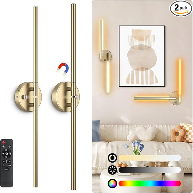 Battery Operated Wall Sconce Set of Two,Wireless Magnetic Wall Lights with Remote, 360°DIY Rotatable 5CCT Dimmable with Timer,RGB Cordless Wall Gold Sconces Decor for Vanity Bedroom Hallway 10000mAh