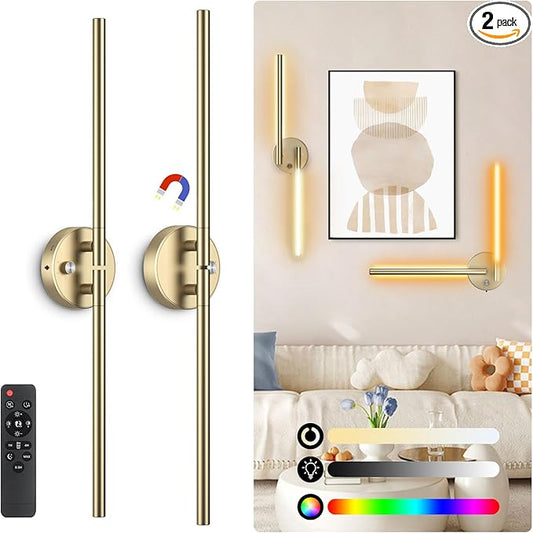 Battery Operated Wall Sconce Set of Two,Wireless Magnetic Wall Lights with Remote, 360°DIY Rotatable 5CCT Dimmable with Timer,RGB Cordless Wall Gold Sconces Decor for Vanity Bedroom Hallway 10000mAh