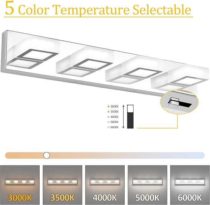 Ralbay Modern Led Chrome Bathroom Vanity Lights 5 Color Temperature Dimmable Acrylic Modern LED Chrome Bathroom Lighting Fixtures Over Mirror