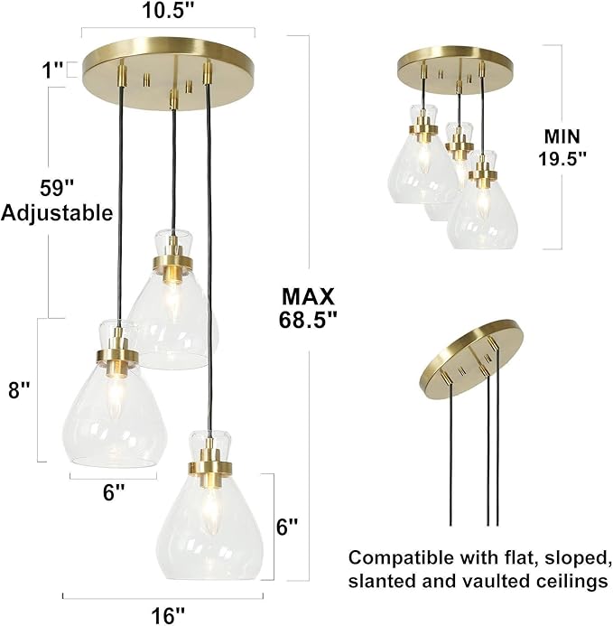 KSANA Modern Gold Pendant Lights, 3 Light Cluster Chandelier Kitchen Island Pendant Lights with Glass Shade Dining Room Chandelier for Hallway Entryway Bedroom Foyer