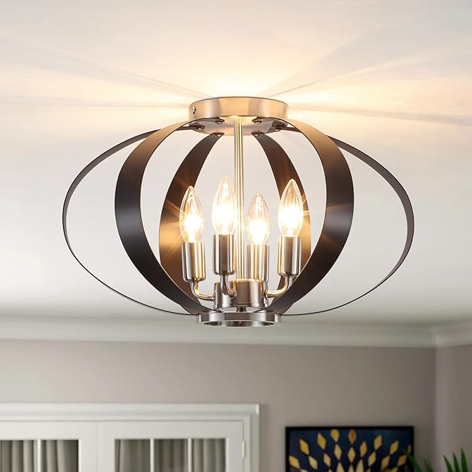 Black and Brushed Nickel Semi Flush Mount Ceiling Light, 4-Light Farmhouse Modern Light Fixtures Ceiling Mount, Metal Cage Stair Lights for Kitchen, Hallway, Entryway, Living Room, Bedroom