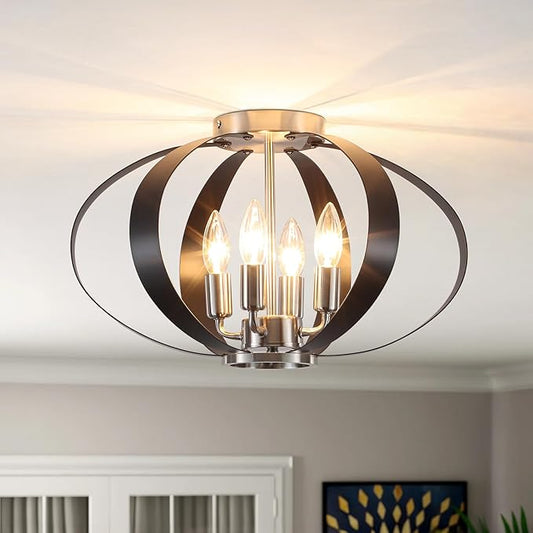 Black and Brushed Nickel Semi Flush Mount Ceiling Light, 4-Light Farmhouse Modern Light Fixtures Ceiling Mount, Metal Cage Stair Lights for Kitchen, Hallway, Entryway, Living Room, Bedroom