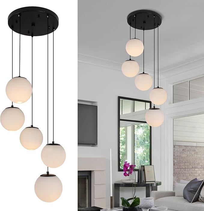 Modern Globe Cluster Chandeliers, 5 Lights White Glass Pendant Light Multi Cluster Pendant Lighting Mid Century Chandelier for Living Room Staircase Foyer Entryway, Black