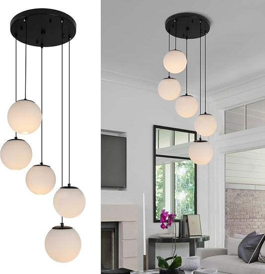 Modern Globe Cluster Chandeliers, 5 Lights White Glass Pendant Light Multi Cluster Pendant Lighting Mid Century Chandelier for Living Room Staircase Foyer Entryway, Black