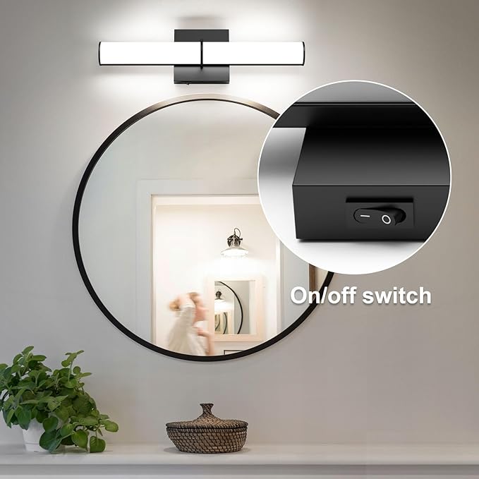 OOWOLF 17.3Inch Modern Black Vanity Light Fixture with Switch, 12W 5000K Led Bathroom Light Fixture Over Mirror, Hardwired Wall Light, 1200LM Vanity Light Bar for Mirror Bedroom Hallway Living Room