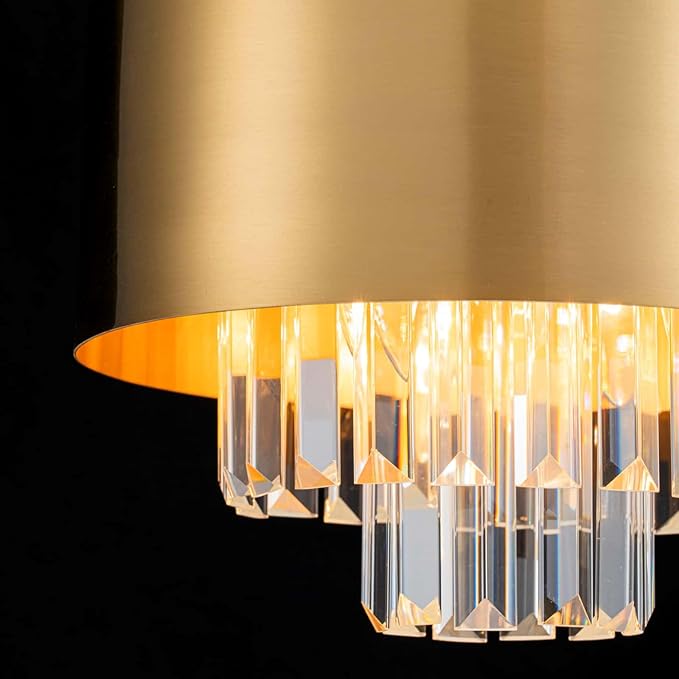 3-Light Luxury K9 Crystal Ceiling Light for Living Room, Foyer, Bedroom, Close to Ceiling Semi-Flushmount Light Fixture, Brass Finish Metal Lampshade & Clear Crystal Pendant