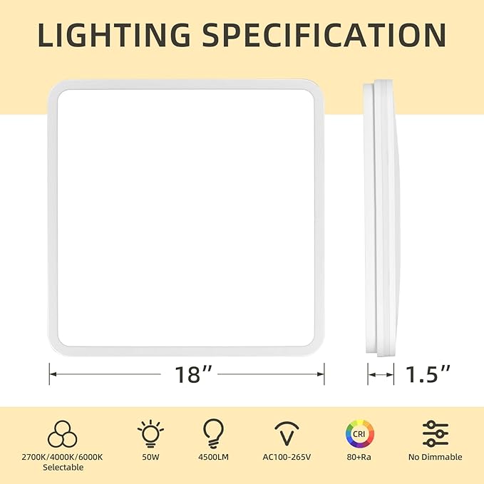18 Inch LED Flush Mount Ceiling Light, White Ceiling Light Fixture with Side Light, 50W,4500LM, 2700K/4000K/6000K CCT Selectable, Square Lamp for Bathroom, Closet, Kitchen, Hallway, Bathroom