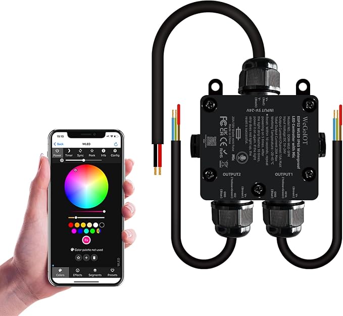 IP65 Waterproof LED Controller, ESP32 WLED WiFi APP Control, Outdoor Music Sync Light Controller, DC5-24V, for WS2812B RGBIC RGBW LED Strip Lights(2 Channel)
