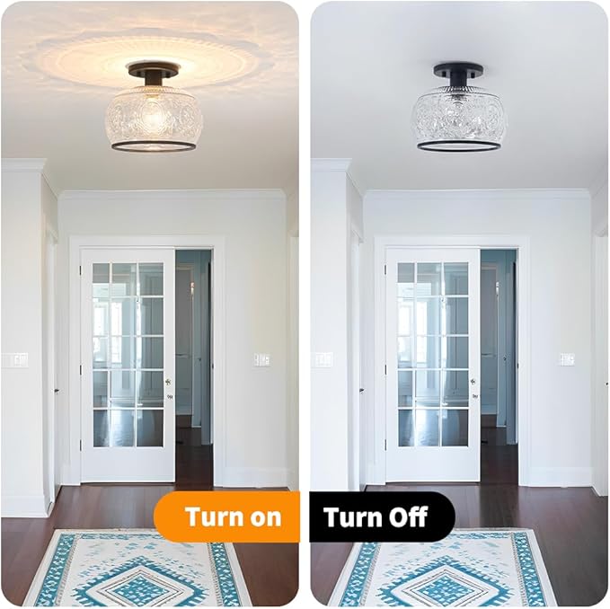 Black Vintage Semi-Flush Mount Ceiling Light with Globe Glass. Ideal for Small Kitchen, Closet, Hallway, Entryway, and Bathroom Lighting