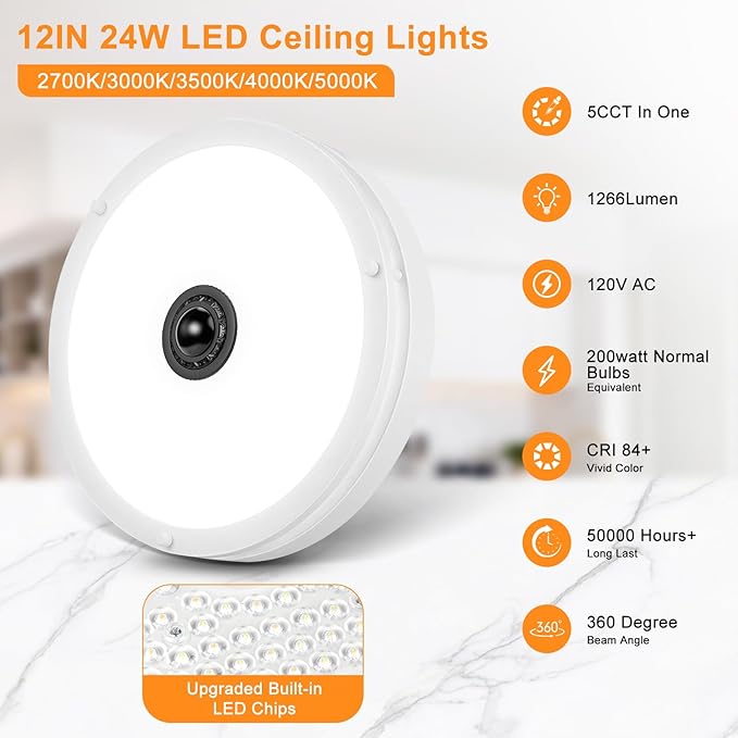 24W LED Motion Sensor Outdoor Ceiling Light, 12IN 2700K/3000K/3500K/4000K/5000K Adjustable Ceiling Lights, Dusk to Dawn Flush Mount LED Ceiling Light Fixture for Porch, Garage,