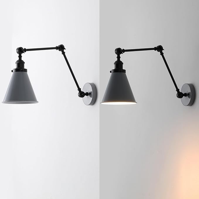 JONATHAN Y 7" Gray/Black Classic Industrial Metal Adjustable Arm LED Wall Sconce for Bedside Reading, Farmhouse Swing Arm Wall Lamp with Metal Shade, Hardwired (JYL7462H-SET2)