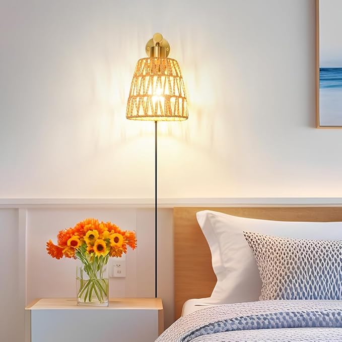 Boho Plug in Wall Sconce Set of 2, Gold Plug Sconces Set of 2, Rattan Sconce Light Fixture with 5.9FT On/Off Switch Cord, Farmhouse Wall Mounted Light for Bedroom Living Room Reading Hallway