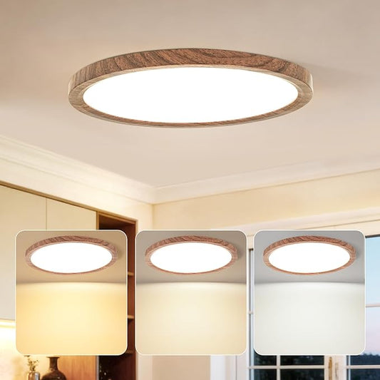 Kimjo 12 Inch 24W Modern Flush Mount Ceiling Light, 3 Color Temperature Walnut Wood Grain Flat Ceiling Light Fixture Led Light for Bedroom Kitchen Bathroom Hallway