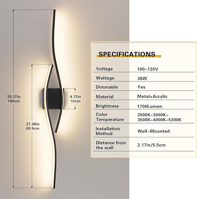 Joossnwell Bathroom Light Fixture Over Mirror 39.37 Inch Vanity Lights Bar for Bathroom Dimmable 5CCT Modern Vanity Light Black Led Bath Light Wall Lamp
