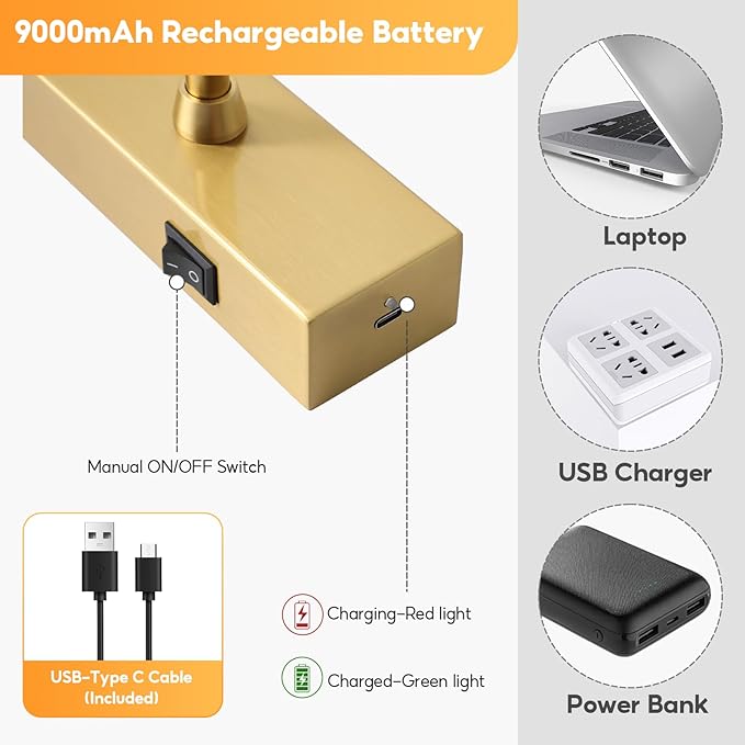 Picture Light for Wall Battery Operated, 20" Rechargeable Art Light with Remote and Timer for Painting, 9000mAh Wireless Wall Light for Display, Artwork, Portrait, Gallery, Gold