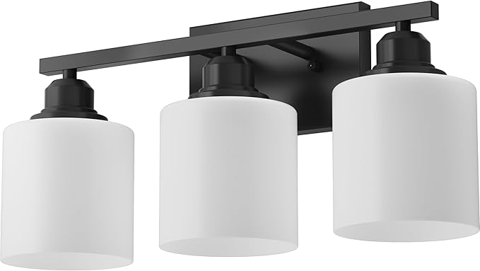Sailstar 3-Light Bathroom Vanity Light, Anti-Rust Matte Black Bathroom Light Fixtures Over Mirror, Modern Bathroom Lights Wall Mount with Milky White Glass Shades, E26 Base Vanity Lighting