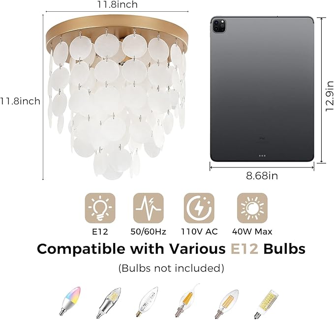 Capiz Shell Flush Mount Ceiling Light Fixture, 11.8" Gold Modern Chandelier for Bedroom, Living Room, Bathroom, Kitchen, Dining Room, Hallway, Entryway, Nursery, Closet Dimmable Coastal Lighting