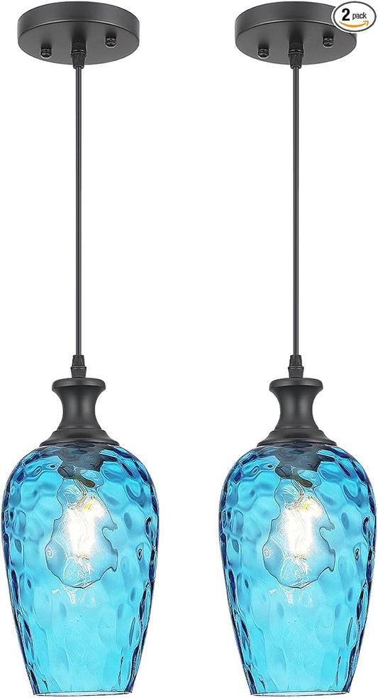 Pendant Lights Kitchen Island 2 Pack, Blue Glass Pendant Light Fixtures with Hammered Glass, Modern Hanging Light for Kitchen Sink Dining Room Bedroom