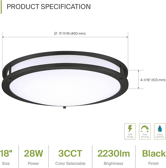 ASD LED 18" Round Flush Mount Lighting, Close to Ceiling Light Fixture | 3CCT, Dimmable, Energy Star, ETL Listed | 28W 2230LM 3000-5000K 120V | Low Profile Double Ring Lamp | Black, 2 Pack