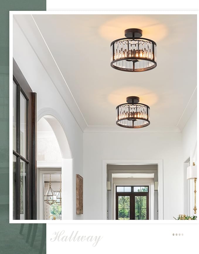 Black Flush Mount Ceiling Light, 2- Light Caged Crystal Chandelier, Small Drum Hallway Light fixtures Ceiling Mount (Black)