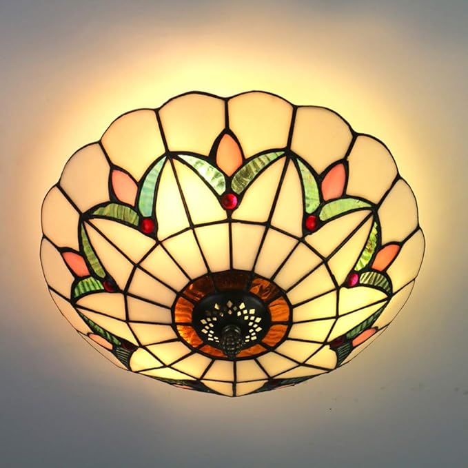 Tiffany Style Ceiling Light Vintage Stained Glass Flush Mount Ceiling Lighting Fixtures Lamps (12 Inch W)