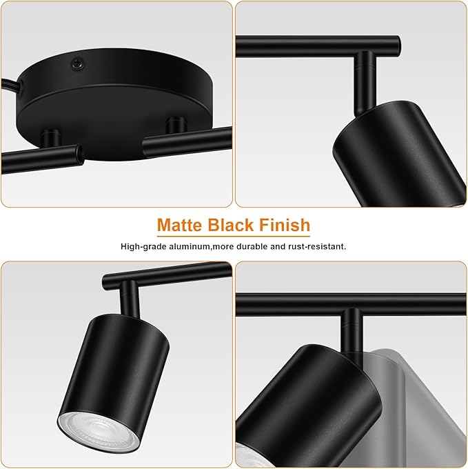 Plug in Track Lighting LED, Track Lighting Fixtures Ceiling, Black 4-Light Kitchen Light Kit, Plug in Wall Light with 14.8ft Power Cord, Rotatable Ceiling Spotlight for Bedroom(GU10 Socket, NO Bulb)