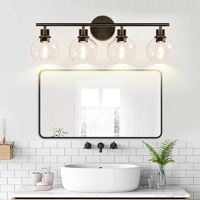 Indoi 4-Light Bathroom Light Fixtures, Oil Rubbed Bronze Bathroom Lights Over Mirror with Clear Glass Globe Shade, Vanity Lights for Bathroom Kitchen Living Room Hallway Cabinet Bedroom Porch