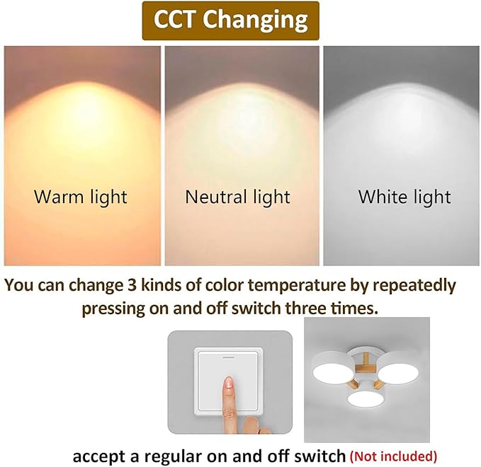 LED Ceiling Light Fixture,21 Inch 3-Lights Modern Ceiling Lights Flush Mount Wooden 33W Chandelier for Living Room Bedroom Kitchen,Dimmable 3000K/4000K/6000K Temperatures Selectable, White
