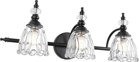 Matte Black Bathroom Vanity Light, Farmhouse Bathroom Light Fixtures Over Mirror, 3 Light Vanity Lighting Fixtures, Flower Glass Shade Wall Sconce Lighting