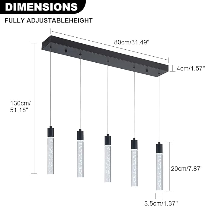 5 Black Pendant Lights Kitchen Island Modern with Adjustable Height - Clear Cylinder Island Lights, 3000-6000K Dimmable Kitchen Pendant Lighting for, Dining Room, Bar Counter