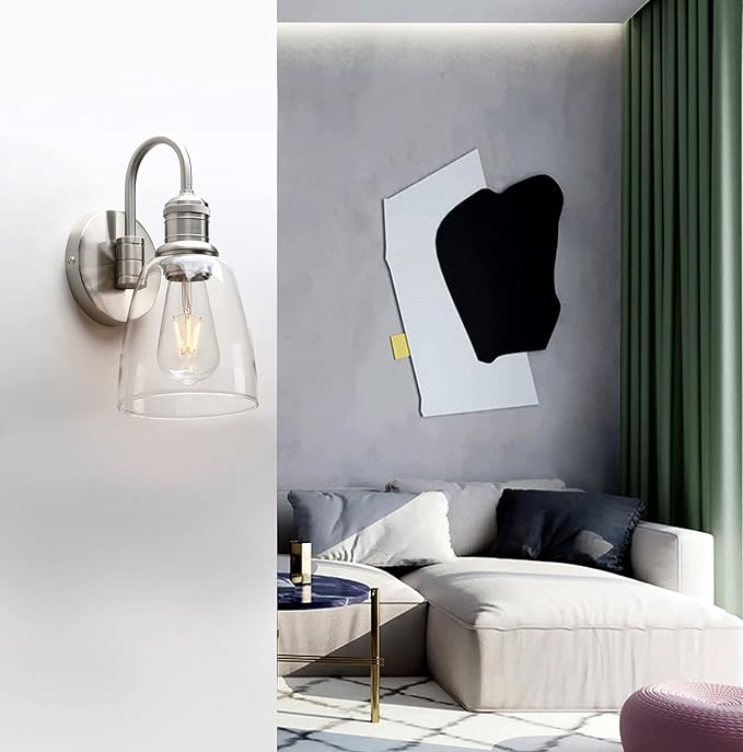 Yosoan 1-Light Brass Modern Vintage Indoor Wall Sconce, Vanity Single Luxury Hardwired Retro Textured Clear Oval Cone Glass Shade with Industrial Curved Rod Bathroom Lamp(Brushed)