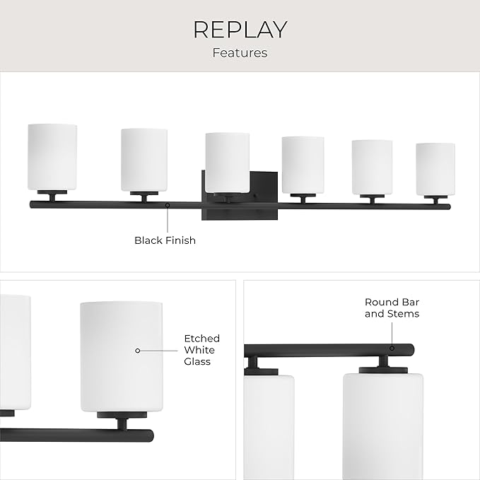 Progress Lighting Replay Collection 48 in. 6-Light Textured Black Etched White Glass Modern Bath Vanity Light