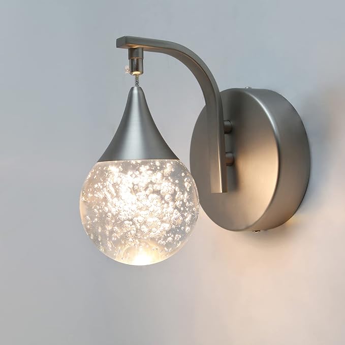 Sedelan LED Crystal Bubble Wall Sconce, 5W Dimmable Modern Wall Light Fixture, 3300K Warm White Indoor Lighting for Bedroom Bedside Living Room Bathroom Hallway, Sand Nickel